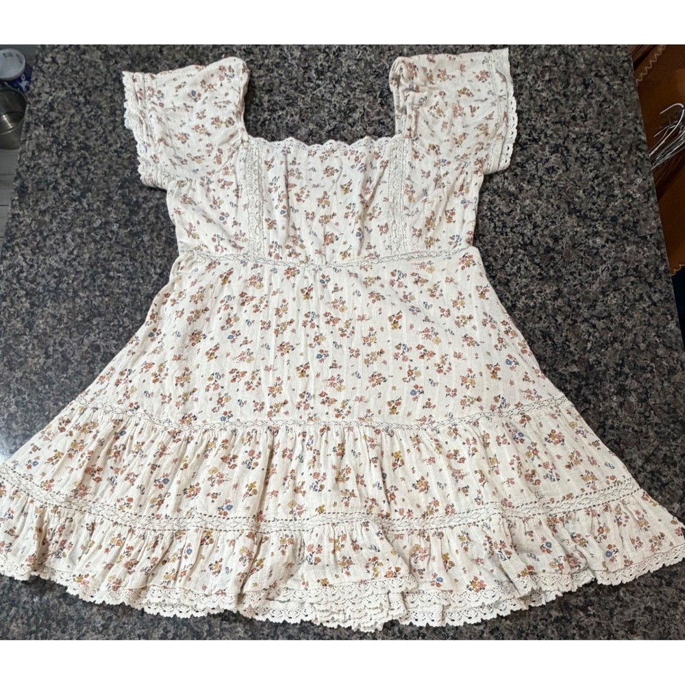 American Eagle Ditsy Floral Lace Trim Tiered Mini Dress Cream Womens Large - Picture 1 of 10